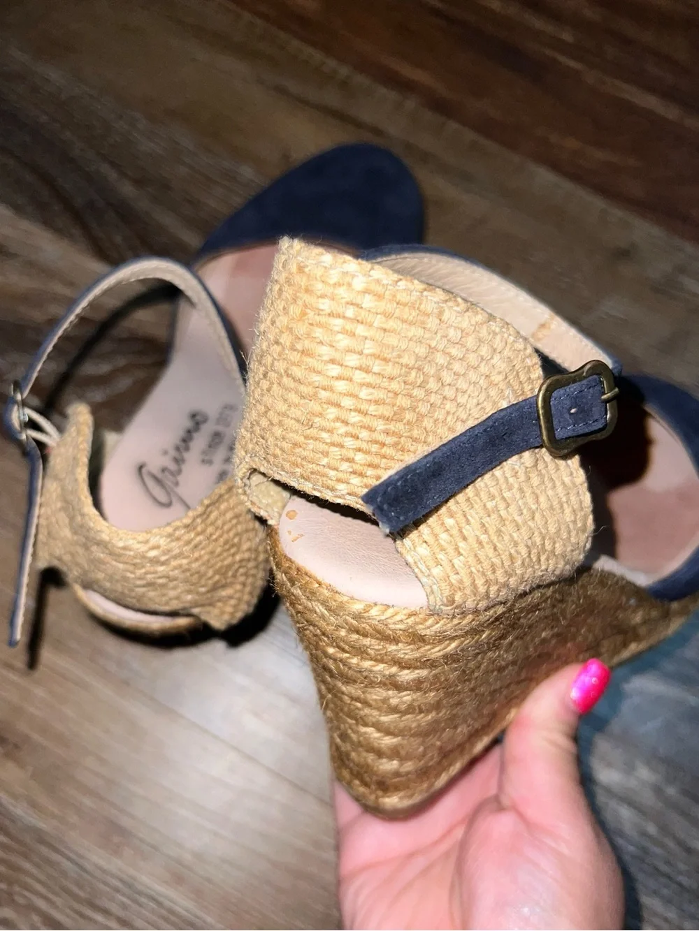 Gaimo Navy Blue Suede Espadrille Ankle Strap Wedge Sandals, Size 7.5